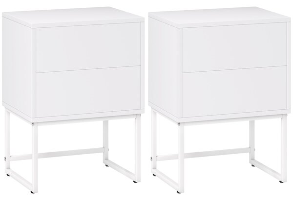 HOMCOM Sada 2 Úzkých Nočních Stolků s 2 Výsuvnými Zásuvkami a Ocelovými Nohy Moderní Styl 40x30x55 cm Bílá | Aosom