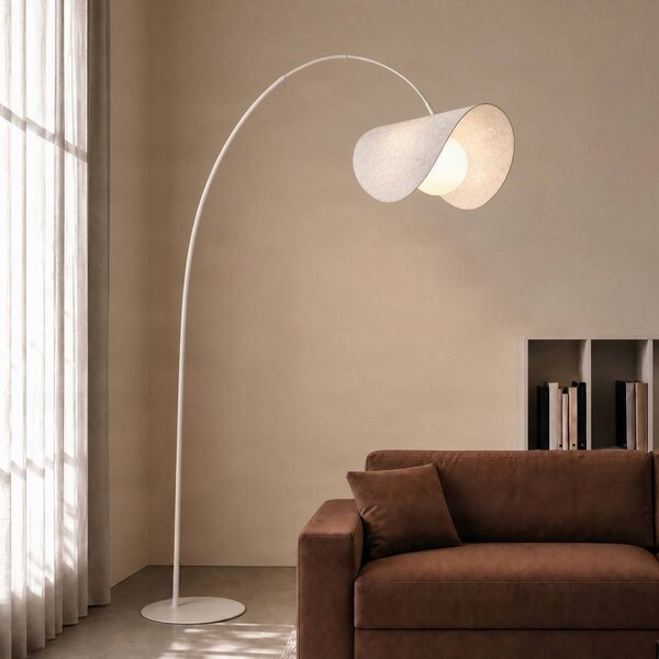 Lucande LED obloukové svítidlo Tamani, béžové, 220 cm, stmívatelné, stmívatelný, Krémová / jantar, Obývací pokoj / jídelna, Textil / tkanina / hedvábí, Design