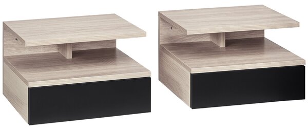 HOMCOM Sada 2 Floating Nočních Stolků Závěsných Nočních Stolků s 1 Šuplíkem a Otevřenou Policí do Ložnice 35x32x22,5 cm Dub a Černá | Aosom