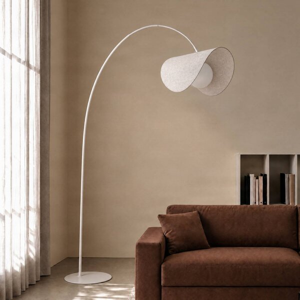 Lucande LED obloukové svítidlo Tamani, béžové, 220 cm, stmívatelné, stmívatelný, Krémová / jantar, Obývací pokoj / jídelna, Textil / tkanina / hedvábí, Design