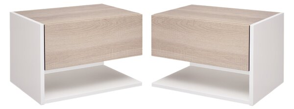 HOMCOM Sada 2 Floating Nočních Stolků Bez Noh s 1 Zásuvkou a Otevřenou Policou pro Ložnici 46x30x30 cm Dub a Bílá | Aosom