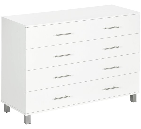HOMCOM Komoda se 4 zásuvkami pro ložnici s nohami Moderní noční stolek do obývacího pokoje, kanceláře, předsíně 112x38,2x81 cm Bílá | Aosom