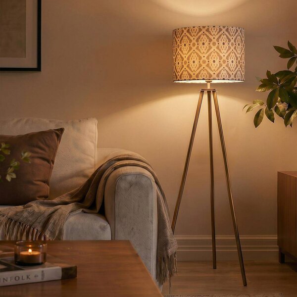 PR Home Stojací lampa Base, antické mosazi/béžová, výška 123 cm, textil, Bronz / starožitná mosaz, Obývací pokoj / jídelna, kov, Skandinávský