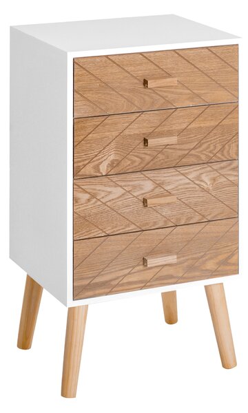 HOMCOM Komoda se 4 zásuvkami pro ložnici, noční stolek se zvýšenýma nohama do obývacího pokoje 40x30x75 cm Bílá a přírodní | Aosom
