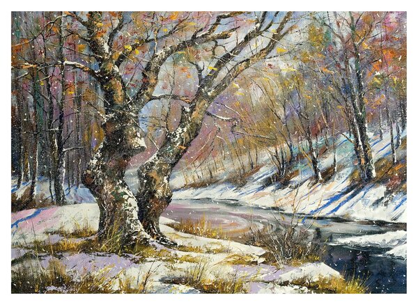 Skleněný obraz malované zimní krajiny (70x50 cm)