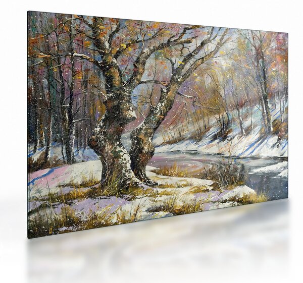 Skleněný obraz malované zimní krajiny (70x50 cm)