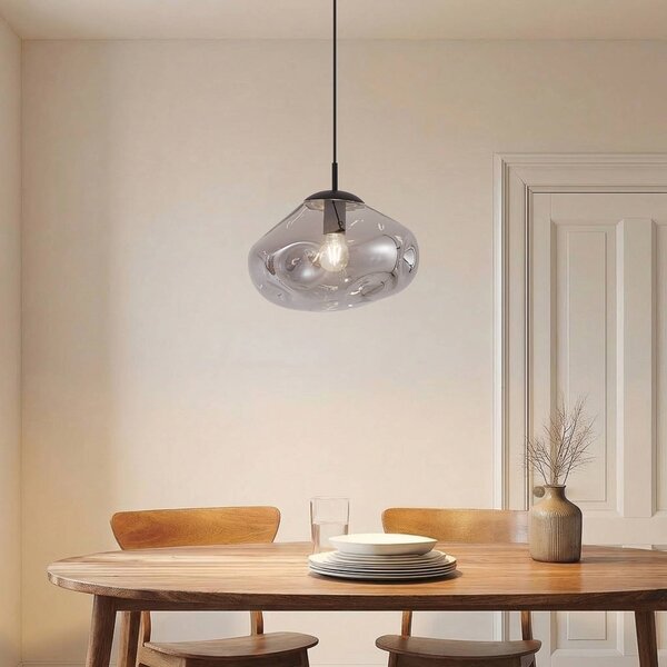 Lindby závěsné světlo Lelia, kouřově šedé, sklo, Ø 35 cm, stmívatelný, Hliník / šedá / zinek, Obývací pokoj / jídelna, Sklo, Design