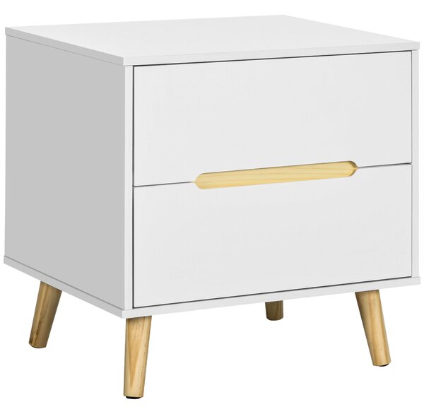 Noční stolík HOMCOM se 2 zásuvkami a dřevěnými nohami pro ložnici, obývací pokoj a kancelář, moderní styl 50x40x50,5 cm Bílý | Aosom