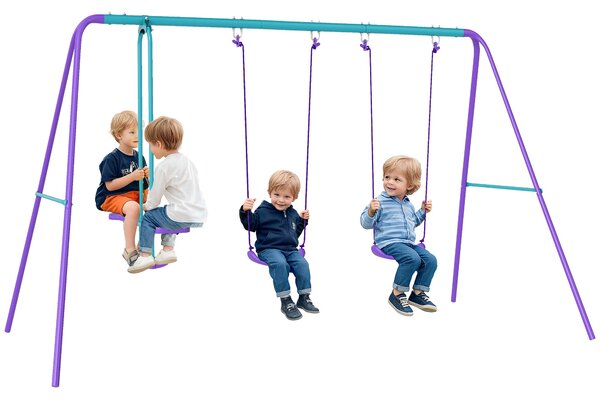 Outsunny Zahradní Houpačka z Kovového Rámu s Nastavitelnou Výškou pro Děti od 3 Let s Dvojitou Houpačkou pro Terasu 280x140x176 cm Modrá a Fialová | A