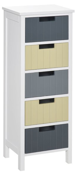 HOMCOM Dřevěná Komoda s 5 Zásuvkami, Noční Stolek se Zvednutými Nohami, Moderní Styl pro Ložnici, Obývací Pokoj, Koupelnu, 35x28x90.5 cm, Vícebarevná