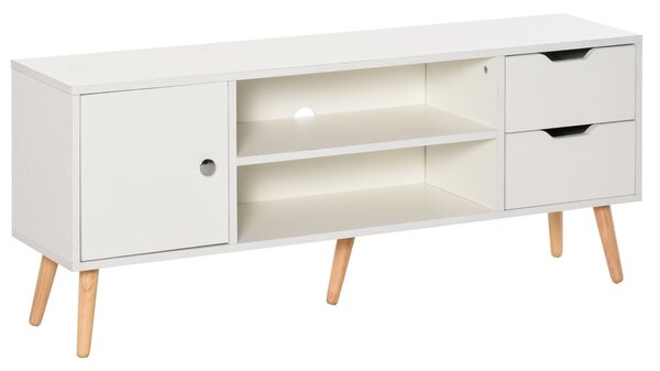 HOMCOM TV Stánek pro 50" Televize Moderní Obývací Stůl s 2 Otevřenými Policemi a 2 Zásuvkami Nosnost 30 kg pro Ložnici 120x28x44 cm Bílý | Aosom
