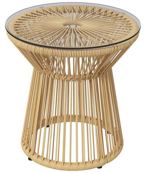 Outsunny Kulatý boční stolek ze syntetického ratanu s temperovaným sklem a kovovým rámem, 30 kg nosnost, pro patio, zahradu, balkon Ø40x42 cm Béžová |