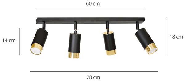 Stropní svítidlo HIRO 4 – černé / zlaté, 4× GU10, šířka 78 cm