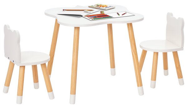 Sada stolu a 2 židlí HOMCOM pro děti - Dřevěný nábytek do dětského pokoje a herny 56x56x50 cm a židle 28x25x46 cm Přírodní a bílá | Aosom