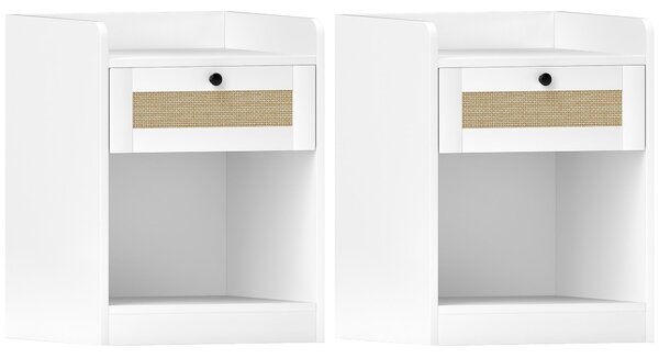 HOMCOM Set 2 Nočních Stolků s Ratanovým Šuplíkem pro Ložnici 40x40x53 cm Bílá | Aosom