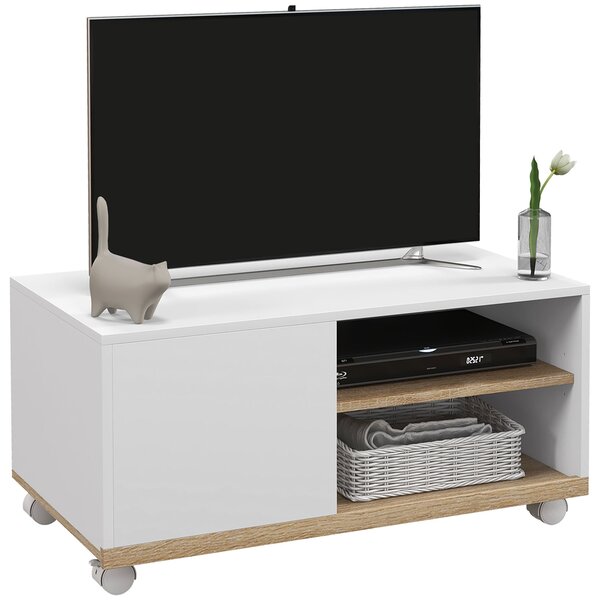 HOMCOM Moderní TV Stánek na Kolečkách pro Televize do 42 Palců - TV Stánek do Obývacího Pokoje s 1 Dvéřmi a 2 Úložnými Policemi 80x45x39,5 cm Bílý | A