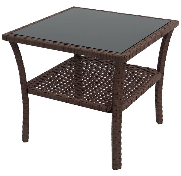Outsunny Čtvercový Stůl ze Syntetického Rattanu 50x50x45 cm s Skleněnou Policí a Ocelovým Rámem 30 kg pro Terasu a Patio Hnědý | Aosom