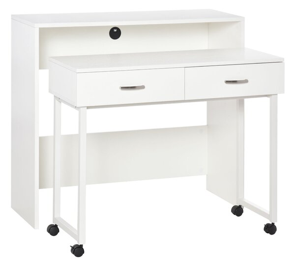 HOMCOM Sada 2 Stohovatelných Psacích Stolů na Kolečkách se 2 Zásuvkami pro Kancelář 100x36x88 cm Bílá | Aosom