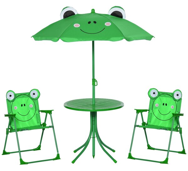 Zahradní set Outsunny pro děti – stůl a židle na piknik, skládací set pro děti se nastavitelným deštníkem 100-125 cm, design žabky, zelený | Aosom