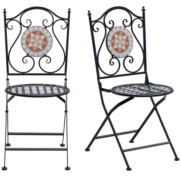 Outsunny Sada 2 skládacích zahradních židlí Bistro s mozaikovým sedákem pro terasu a balkon, kovová, nosnost 120 kg, 50x40x94.5 cm, černá | Aosom