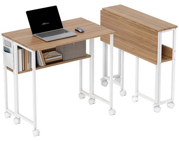 Skládací stůl HOMCOM s kolečky a policí - Kompaktní stůl s úložným prostorem pro notebook do malých prostor - 80x50x75 cm - Přírodní | Aosom