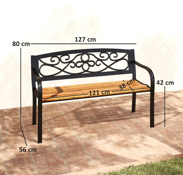 Outsunny 2-místná venkovní zahradní lavička s dřevěným sedákem a ocelovým rámem pro terasu 127x56x80 cm Černá a Přírodní | Aosom