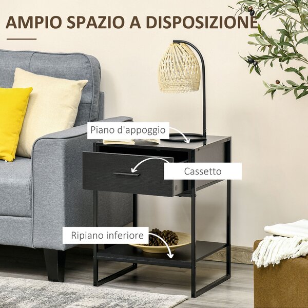 HOMCOM Sada 2 moderních nočních stolků, 2 noční stolky do ložnice a obývacího pokoje, se zásuvkou a otevřenou policí, moderní design, MDF a ocel, 45x4