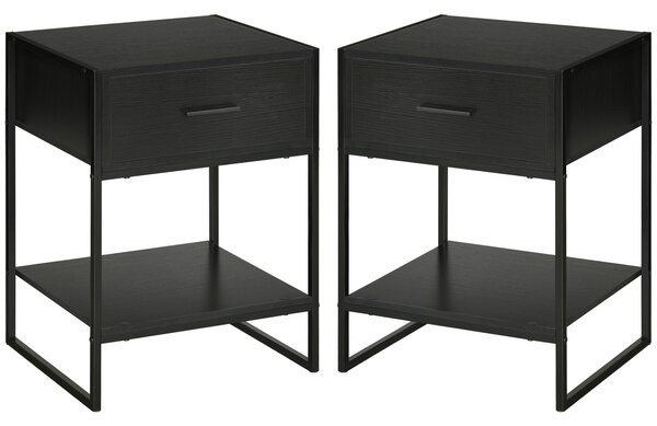 HOMCOM Sada 2 moderních nočních stolků, 2 noční stolky do ložnice a obývacího pokoje, se zásuvkou a otevřenou policí, moderní design, MDF a ocel, 45x4