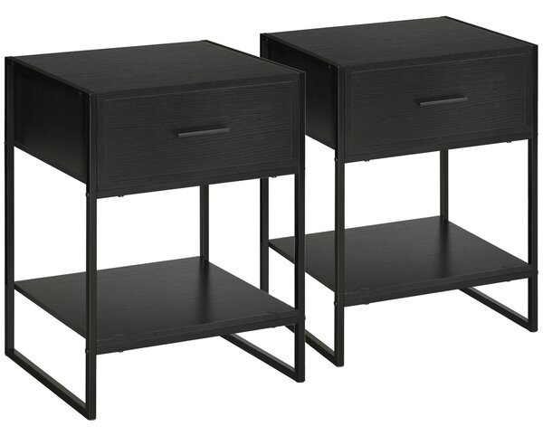 HOMCOM Sada 2 moderních nočních stolků, 2 noční stolky do ložnice a obývacího pokoje, se zásuvkou a otevřenou policí, moderní design, MDF a ocel, 45x4
