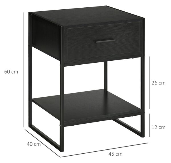 HOMCOM Sada 2 moderních nočních stolků, 2 noční stolky do ložnice a obývacího pokoje, se zásuvkou a otevřenou policí, moderní design, MDF a ocel, 45x4
