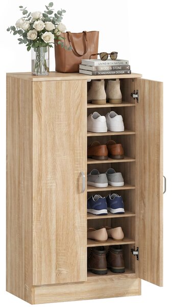 HOMCOM 2-Door Shoe Cabinet with 6 Adjustable Shelves, Soft-Close Doors, Stores up to 14 Pairs, Natural Wood Finish (55 x 35 x 108 cm) | Aosom