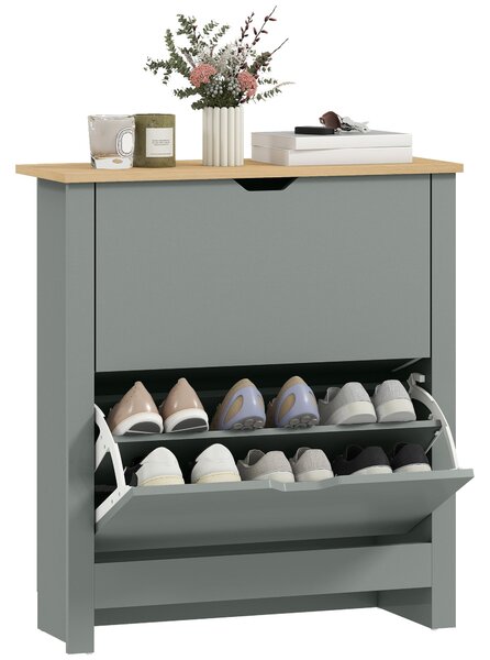 HOMCOM Shoe Cabinet with 2 Flip Drawers – Slim Shoe Rack with Adjustable Divider for up to 12 Pairs, 28.3 x 10.2 x 31.5 in, Light Gray | Aosom