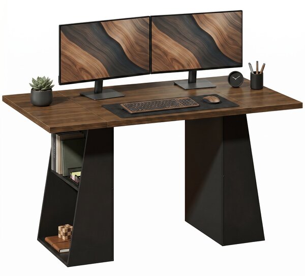 HOMCOM 55.1 in (140 cm) Computer Desk with 4 Open Shelves & Trapezoid Metal Frame — Brown Woodgrain / Black | Aosom