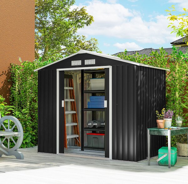 Zahradní domek Outsunny 2,42 m², zahradní domek s pultovou střechou, posuvné dveře, základna, 213 x 130 x 185 cm, zahradní kůlna z pozinkované oceli