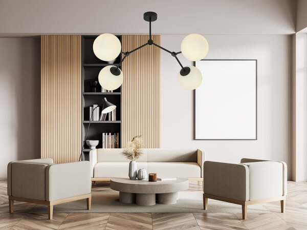 Stropní svítidlo SPACE 4 – černé, opálové sklo, 4× E14, šířka 42 cm