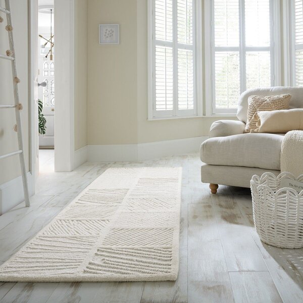 Bílý ručně tkaný běhoun s příměsí vlny 80x230 cm Sculptured Blocks – Flair Rugs