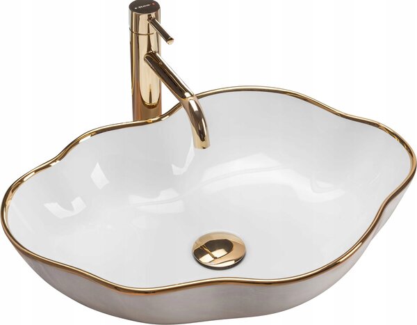 Keramické umyvadlo na desku Pearl Gold Edge bílé se zlatým okrajem REA