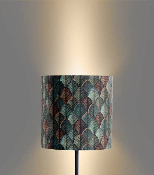 Stojací lampa černá s sametovým stínidlem s motivem listů a zlatým vnitřkem - Simplo