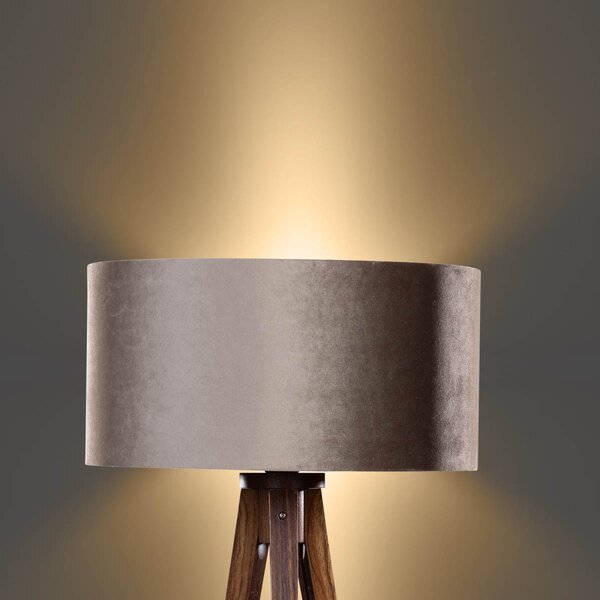 Stojací lampa na třech nohách z ořechového dřeva s taupe sametovým stínítkem 50 cm - Tripod Classic