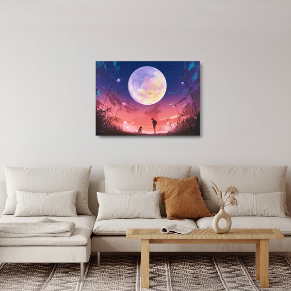 Skleněný obraz - Žena a pes při úplňku (70x50 cm)