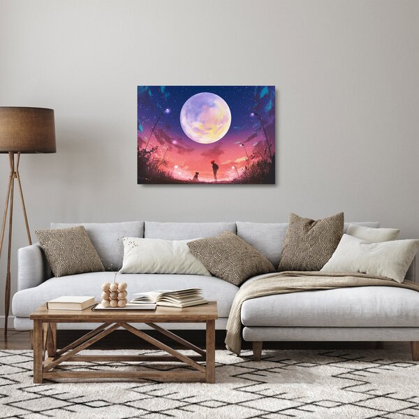 Skleněný obraz - Žena a pes při úplňku (70x50 cm)