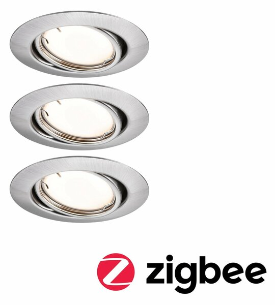 PAULMANN LED vestavné svítidlo Smart Home Zigbee Base Coin základní sada výklopné kruhové 90mm 20° 3x4,9W 230V stmívatelné 3000K kov kartáčovaný 924.64