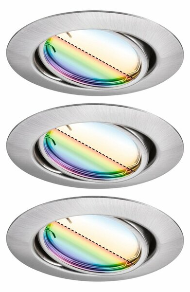 PAULMANN LED vestavné svítidlo Smart Home Zigbee Base Coin základní sada výklopné kruhové 90mm 20° 3x4,9W 230V stmívatelné RGBW+ kov kartáčovaný 924.67