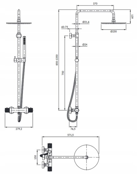 Termostatický sprchový systém pod omítku Omnires Contour CT8044GLB