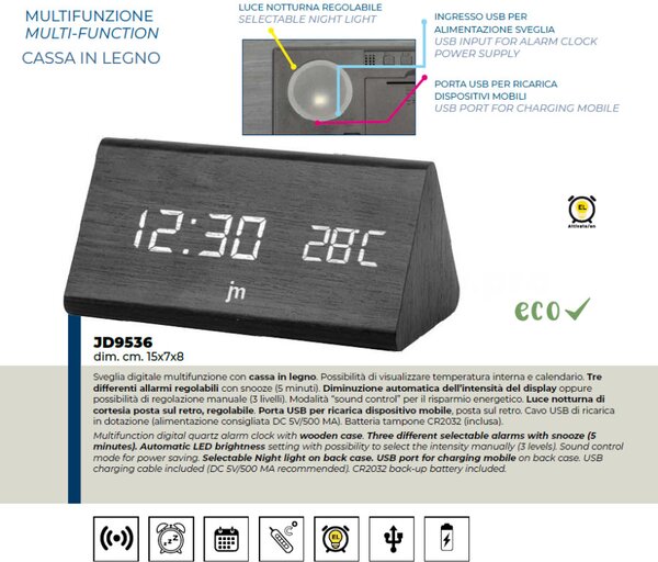 Lowell Italy Digitální stolní hodiny JD9536 Lowell s budíkem 15cm