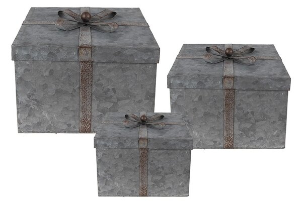 Zinkové antik úložné boxy s víky a mašlemi - 24*24*18 / 20*20*15 / 16*16*12 cm - Clayre & Eef