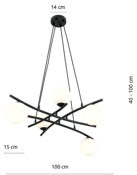 Závěsné svítidlo ESSA 5 – černé, opálové sklo, 5× E14, šířka 100 cm
