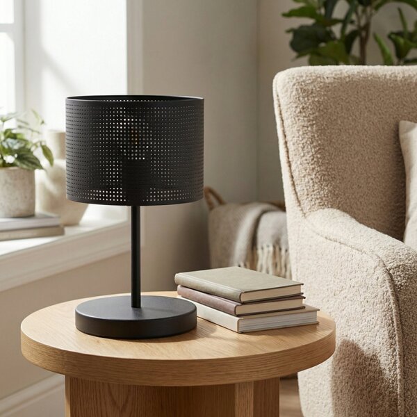 Stolní lampa LUX LN1 – celočerná, textilní stínidlo, 1× E27, šířka 20 cm