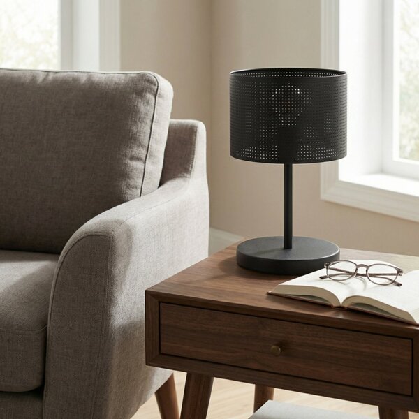 Stolní lampa LUX LN1 – celočerná, textilní stínidlo, 1× E27, šířka 20 cm