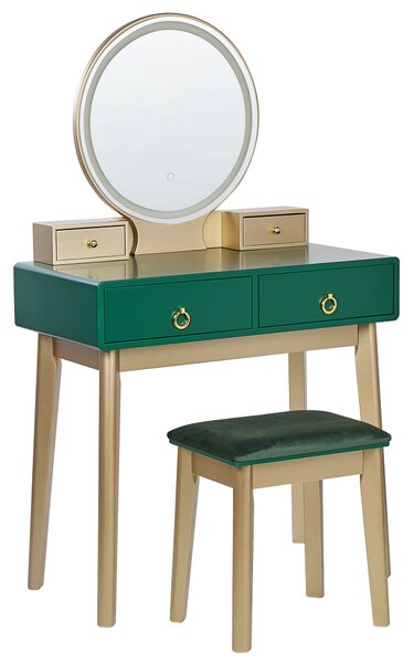 Toaletní stolek se 4 zásuvkami LED zrcadlem a stoličkou zelený/zlatý FEDRY
